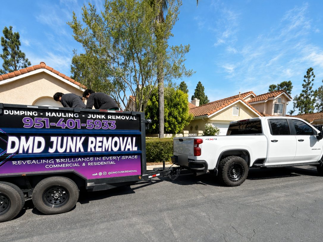 Two DMD crew members working over the side of a DMD Junk Removal trailer hitched to a white pickup on a residential street
