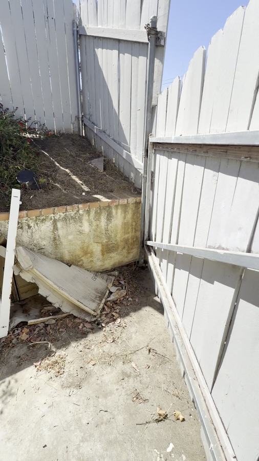A cluttered side yard before a DMD junk removal haul